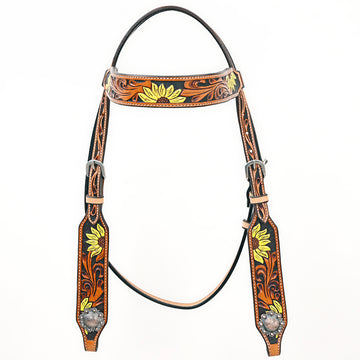 Bar H Equine Western Horse Genuine Leather Floral Design Headstall Tan
